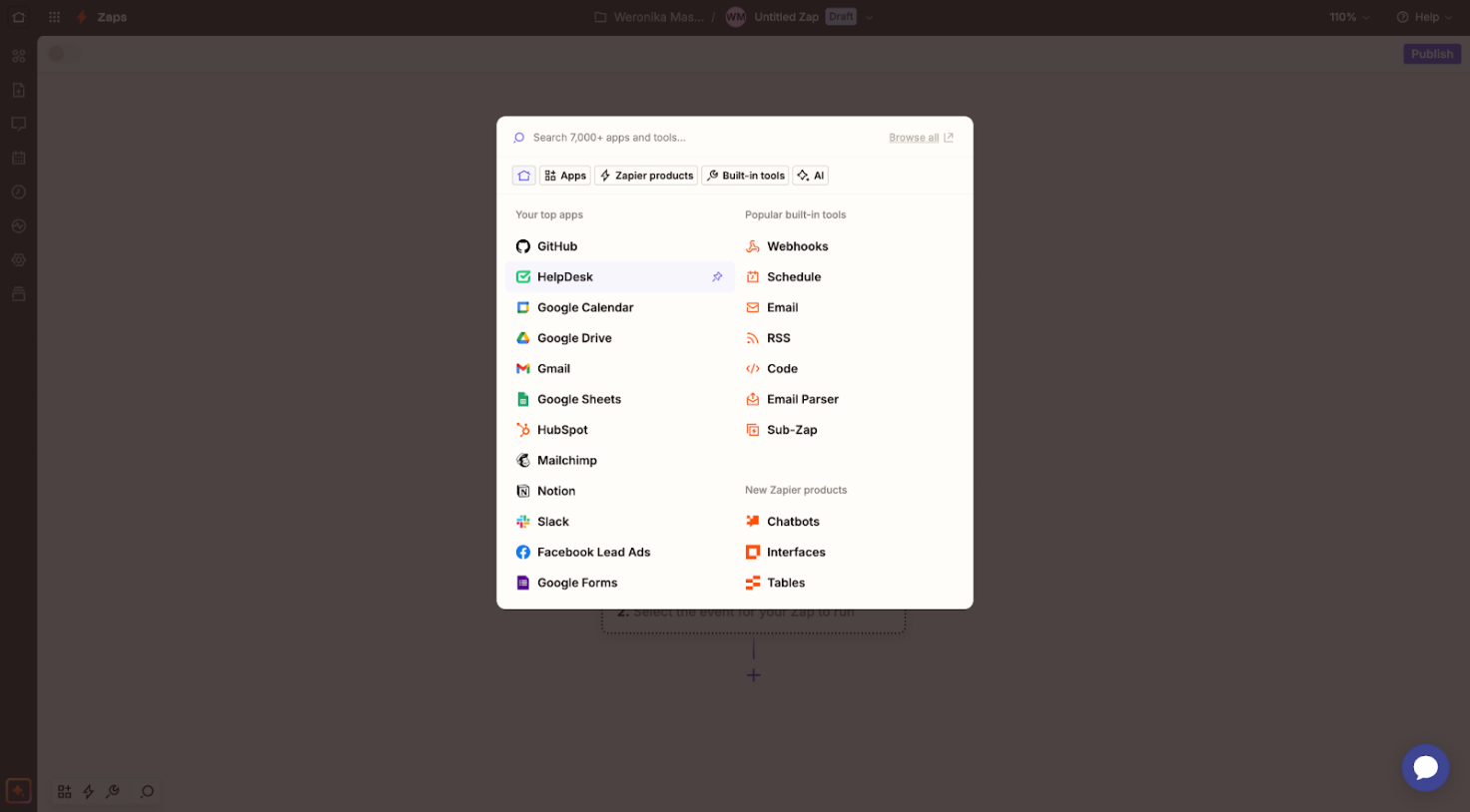 Selecting HelpDesk as a trigger in Zapier.