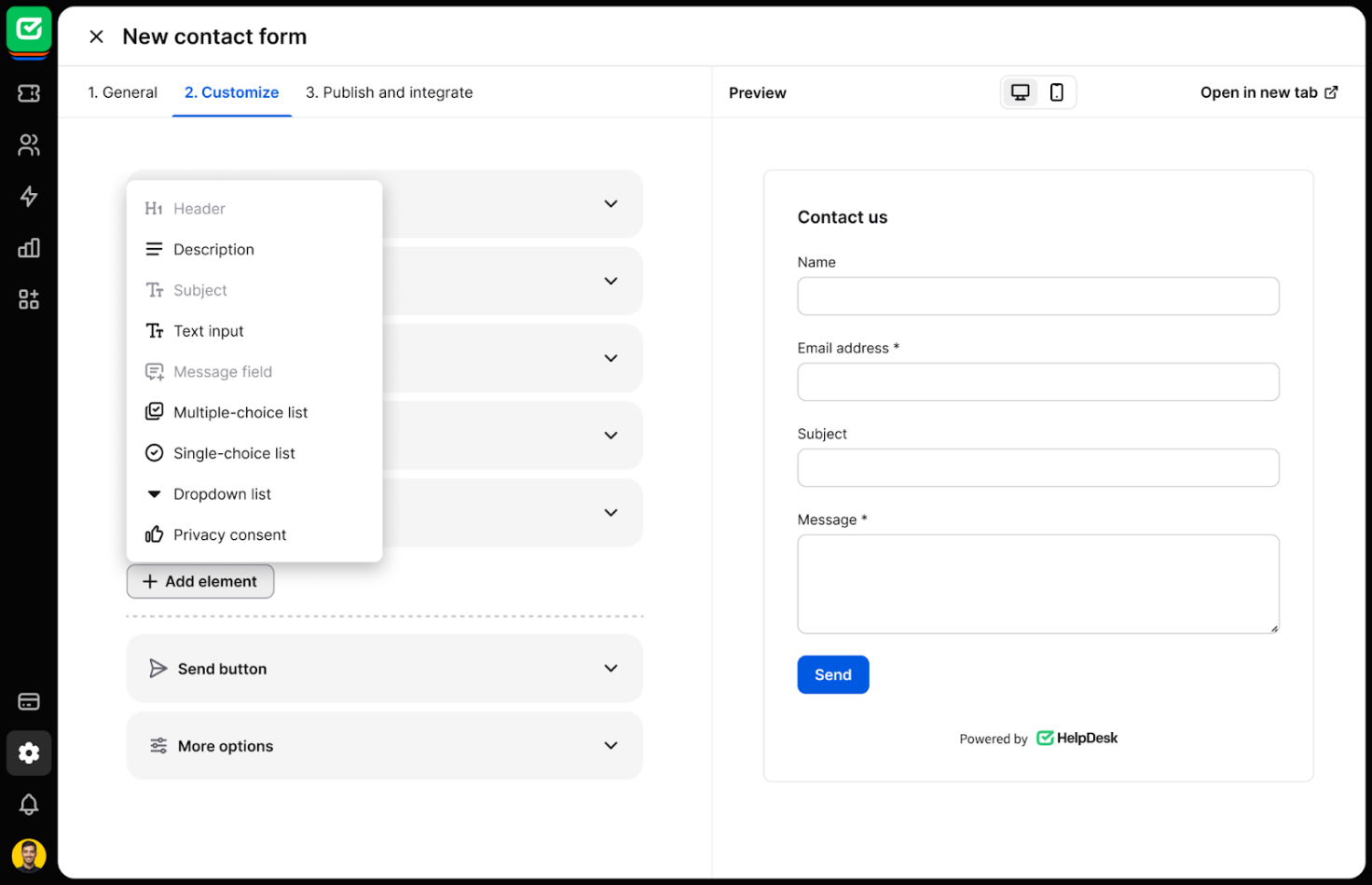 “Add element” options for the contact form in HelpDesk.