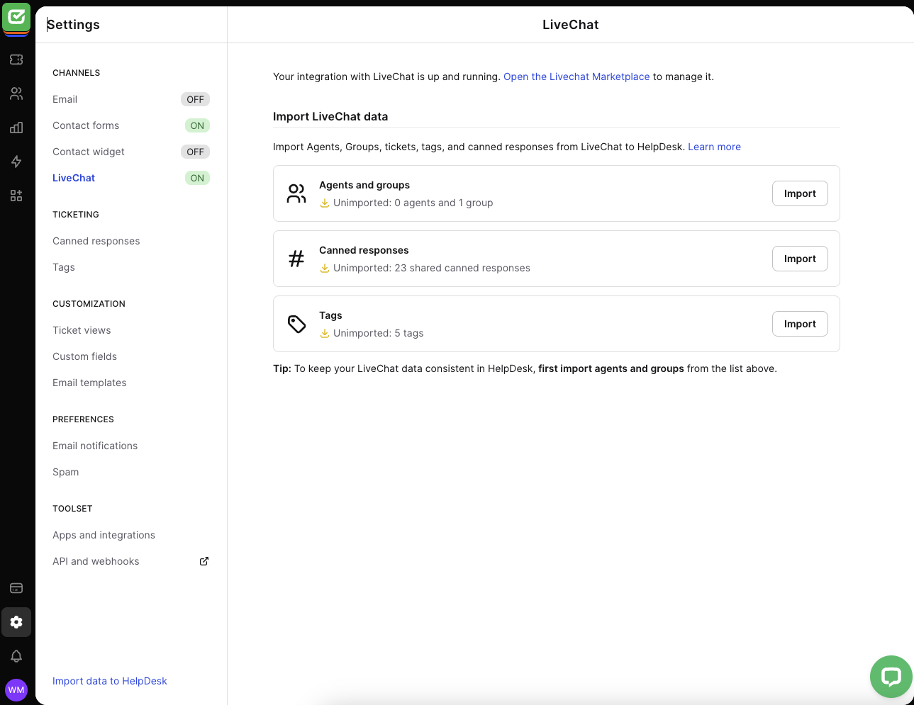 Importing data from LiveChat to HelpDesk.