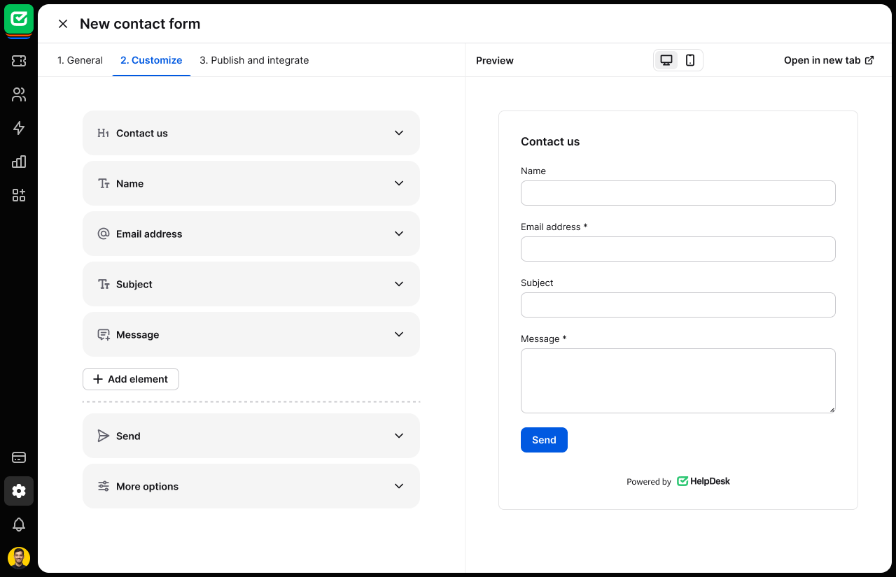 Using the “Preview” button to check out the contact form.