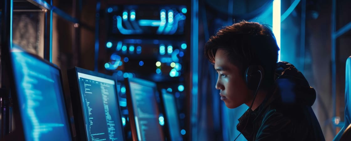 A person focused on coding at multiple computer screens.