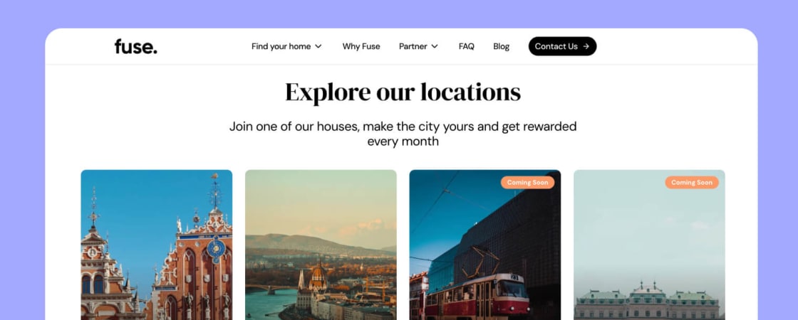 Fuse page showing student housing cities