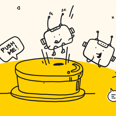smiling chatbots pressing a big yellow button