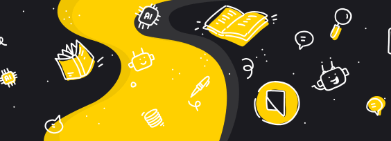 Books and chatbots on a black and yellow background