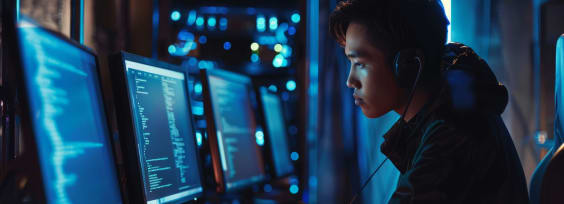 A person focused on coding at multiple computer screens.