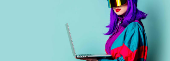 Woman with Purple Hair Holding Laptop