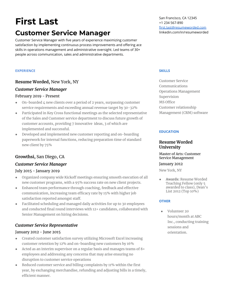 Customer service manager resume example