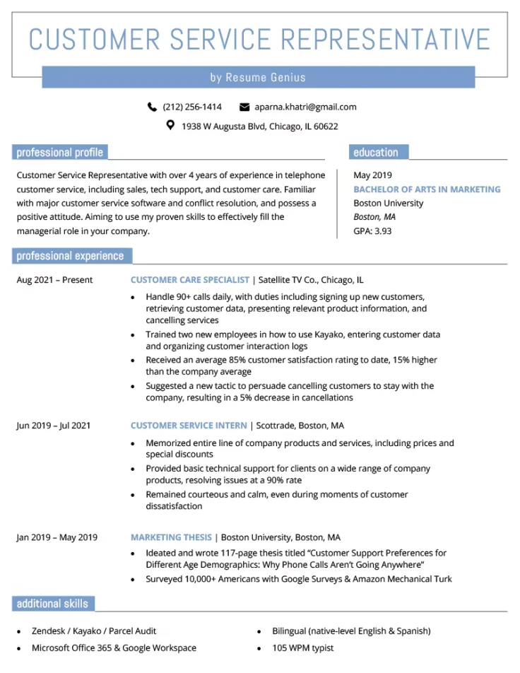 Customer service representative resume example