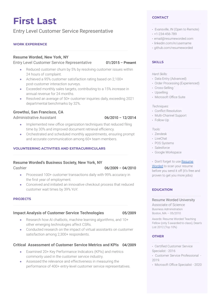 Entry-level customer service representative resume example