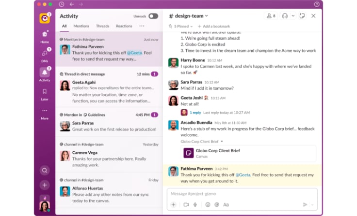 Slack dashboard