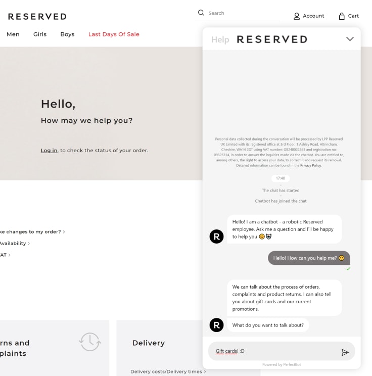 a chatbot on a reserved shop website