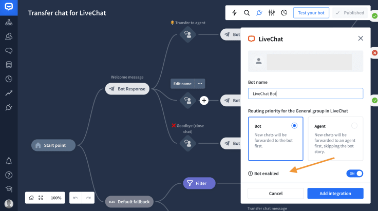 enabling the bot in LiveChat