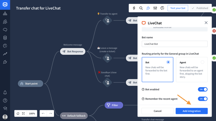 adding the live chat integration in chatbot