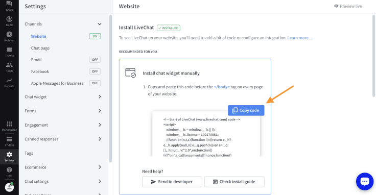 livechat copy code