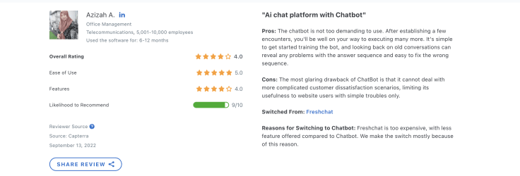 ChatBot Review from Capterra (switched from Freshchat)