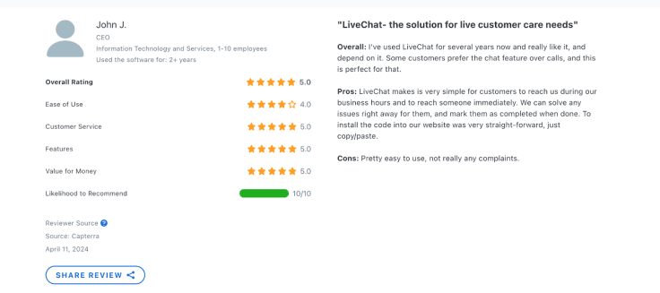 LiveChat reviews from Capterra