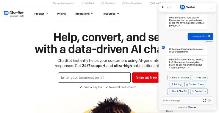 chatbot landing page with open chat widget