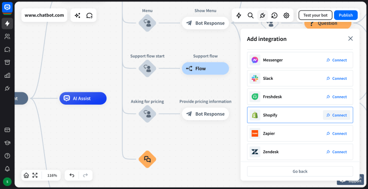 chatbot visual builder with integrations menu