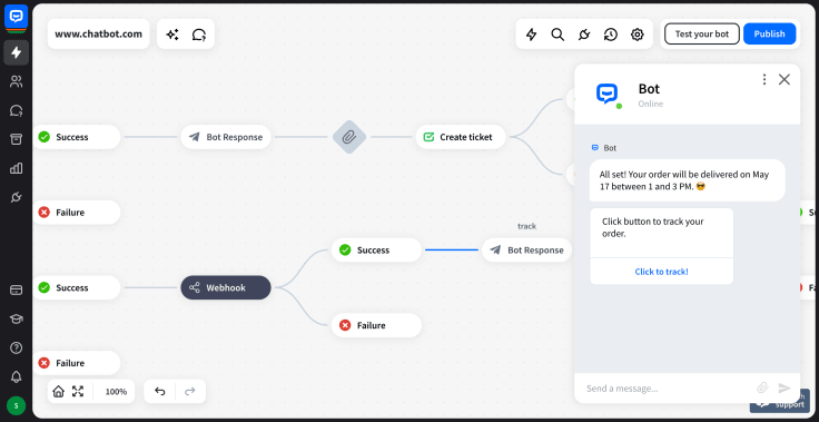 chatbot visual builder with testing tool open