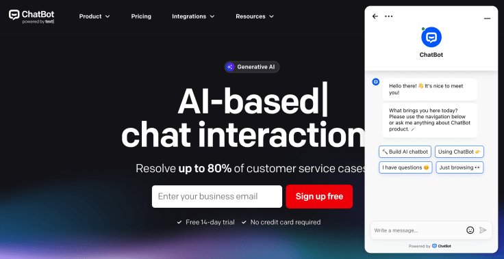 chatbot landing with open chat widget