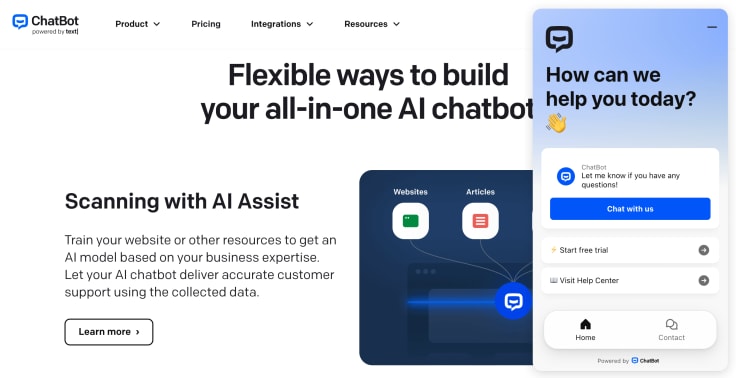 chatbot main page with open chat widget