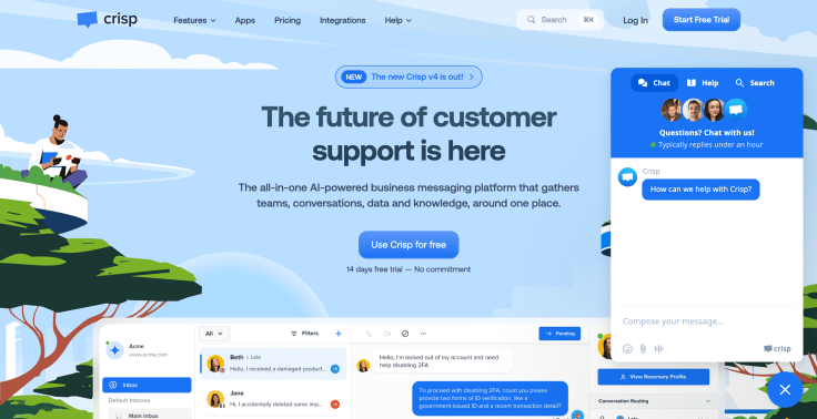 crisp main page with open chat widget