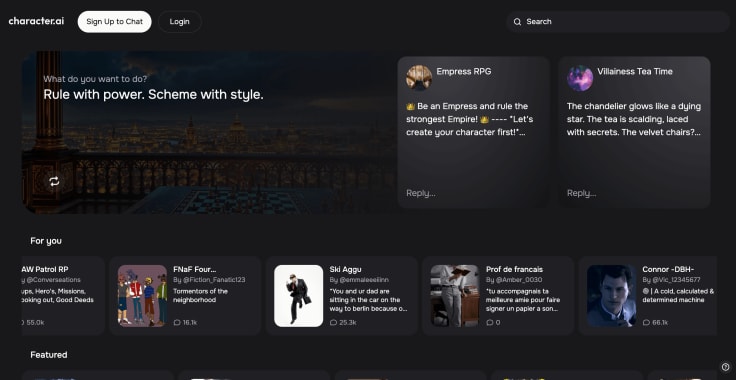 character.ai main page