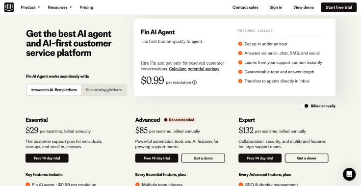 intercom pricing page