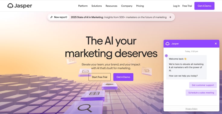 jasper.ai main page with an open chat widget