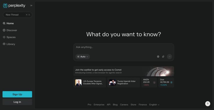 perplexity main page and search bar
