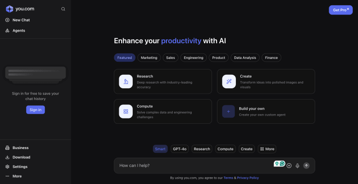 you.com main page and search bar