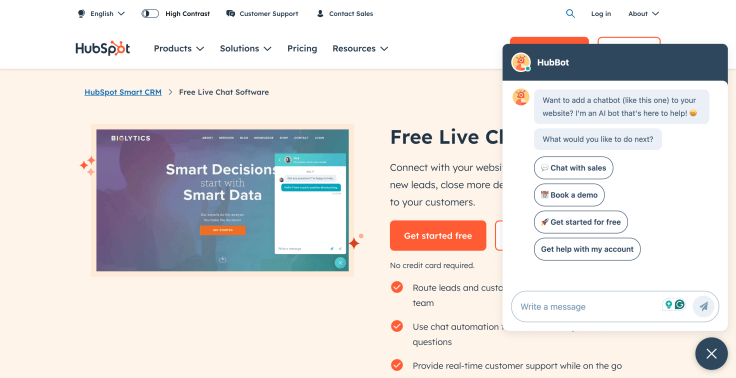 hubspot main page with open chat widget