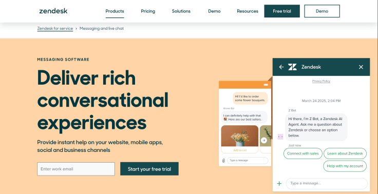 zendesk main page with open chat widget