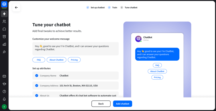 chatbot.com welcome message configuration