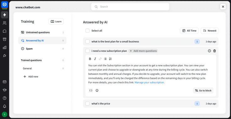 chatbot.com ai training single answer training