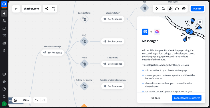 chatbot visual builder with facebook integration open