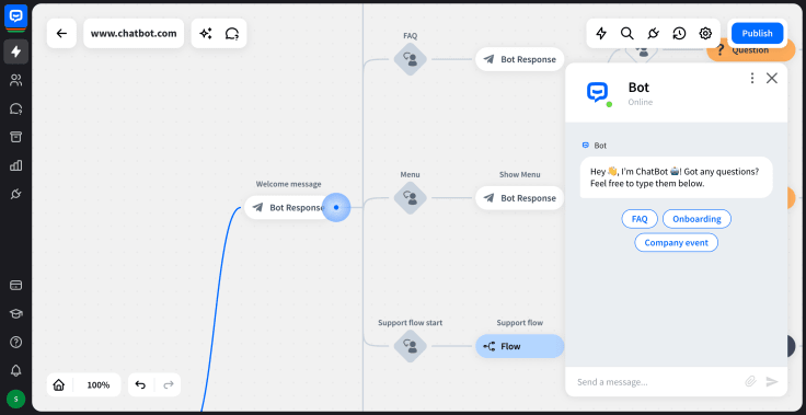 chatbot.com visual builder with testing tool
