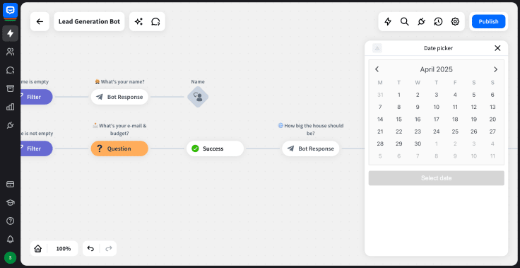 chatbot.com visual builder with date picker