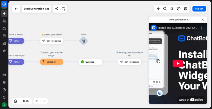 chatbot.com visual builder with embeded video