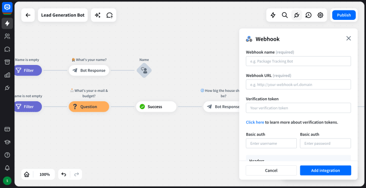 chatbot.com visual builder with webhook menu