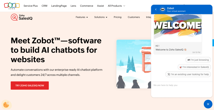 zoho salesiq landing page with chat widget