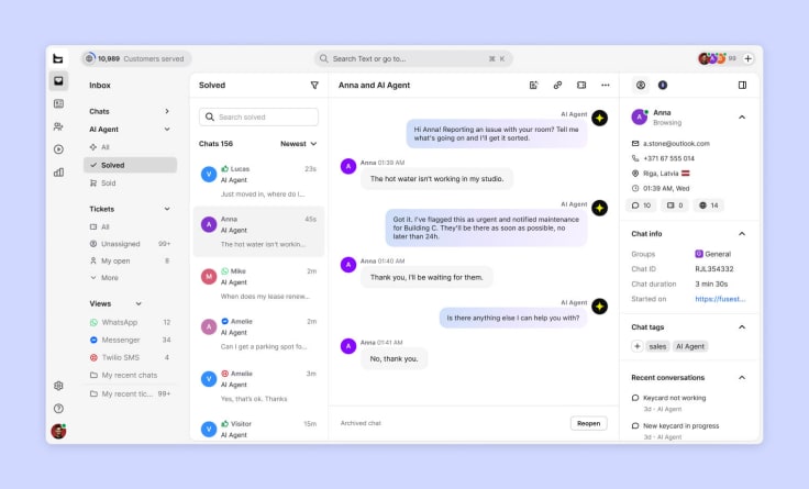 Text Inbox showing AI Agent resolving a tenant’s hot-water maintenance issue in real time