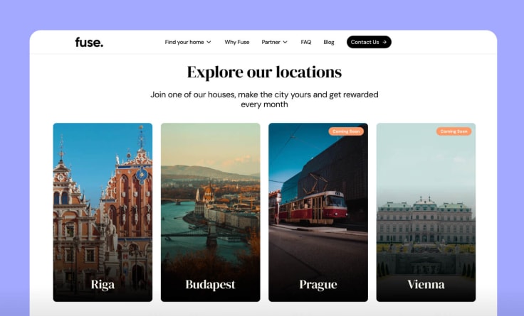 Fuse page showing student housing cities