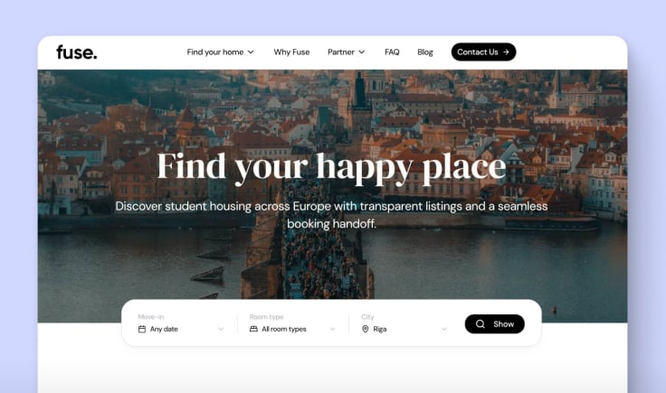 Fuse student housing homepage
