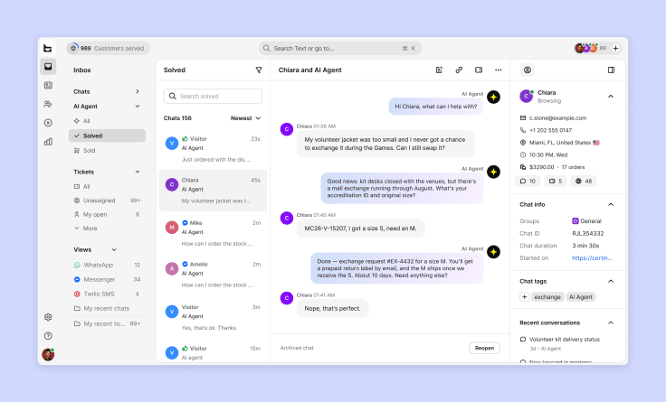 Text Inbox showing an AI Agent conversation with a Milano Cortina 2026 volunteer