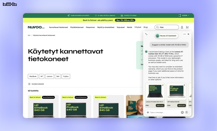 Nuvoo website with the Text Chat Widget and AI Agent helping turn customer conversations into sales