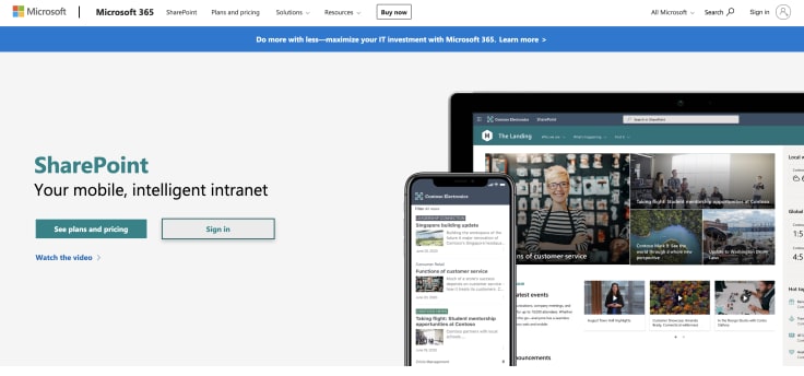 a screenshot of the homepage of sharepoint, a knowledge management tool