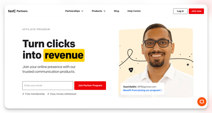 text affiliate partner landing page