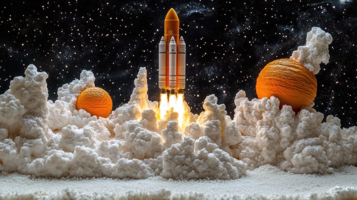 A model rocket blasts off from a snowy landscape with two planets in the background.