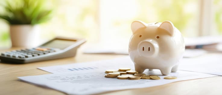 Piggy bank with coins on a table with a calculator, symbolizing saving money.